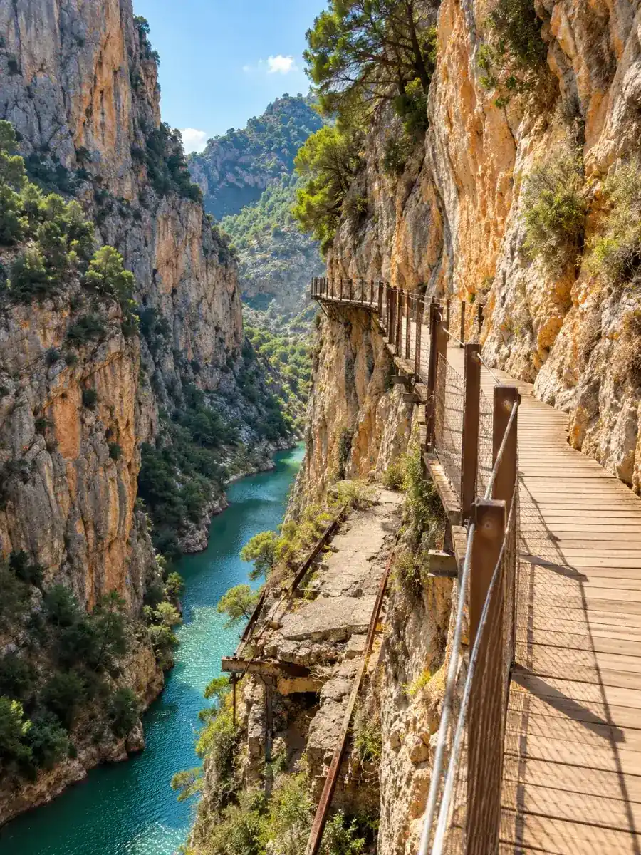 A wooden boardwalk with railings running along a limestone cliff face above a deep gorge