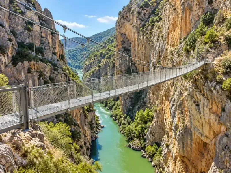 A long suspension bridge crossing high over a green river gorge
