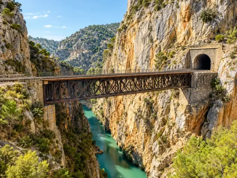 An iron railway bridge spanning the mouth of a deep limestone gorge