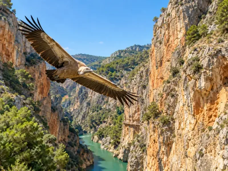 A griffon vulture gliding past sunlit limestone cliffs